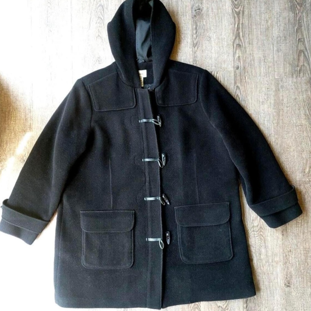 L.L. Bean Vintage Hooded Wool Duffel Toggle Front Coat Size Large Black